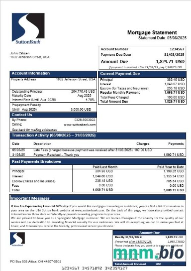 USA Sutton Bank wyciąg z kredytu hipotecznego w formatach Word i PDF